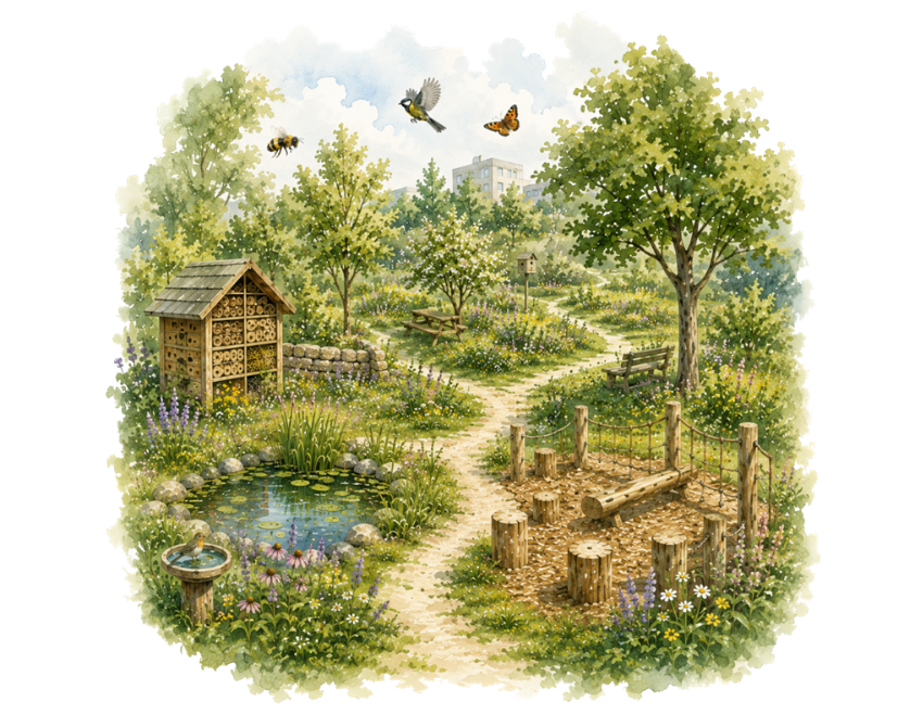 Abbildung eines Naturparks mit Blühwiesen, Insektenhotel, Teich, viele Insekten, Naturspielplatz